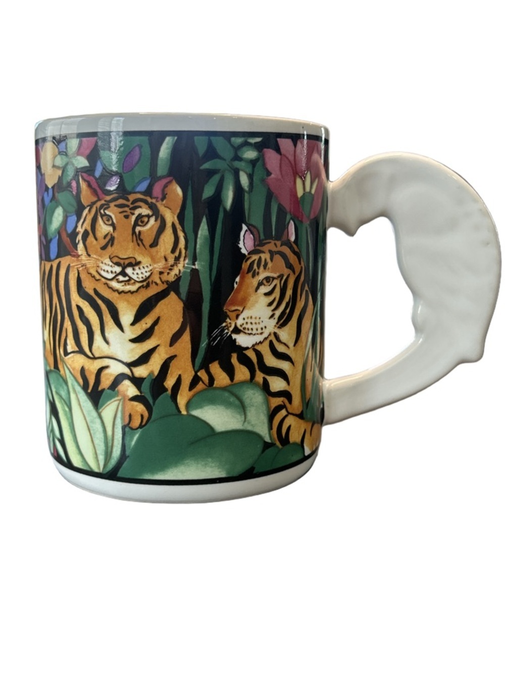 VTG 1993 Vitromaster Rain Forest Mug Sue Zipkin Bengal Tiger Parrot Bird Handle